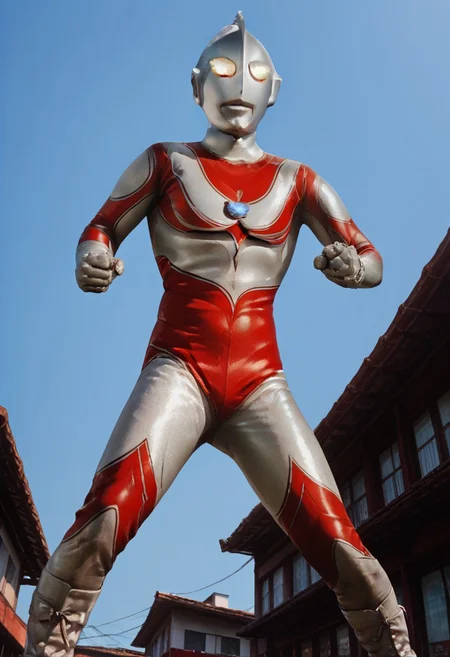 score_9, score_8_up, score_7_up, score_6_up, score_5_up, score_4_up,male focus,ultraman,Japanese city,giant superhero,half the height of a skyscraper,slim fit body,karate stance,fighting pose,standing upright,no human,alien,giant superhero,silver head,hard mask,yellow glowing eyes,silver rubber bodysuit with red line,slim,glowing hemisphere on the chest,Double line,silver gloves and boots,no smile,no eyes,no nose,slim,huge,angle from below,