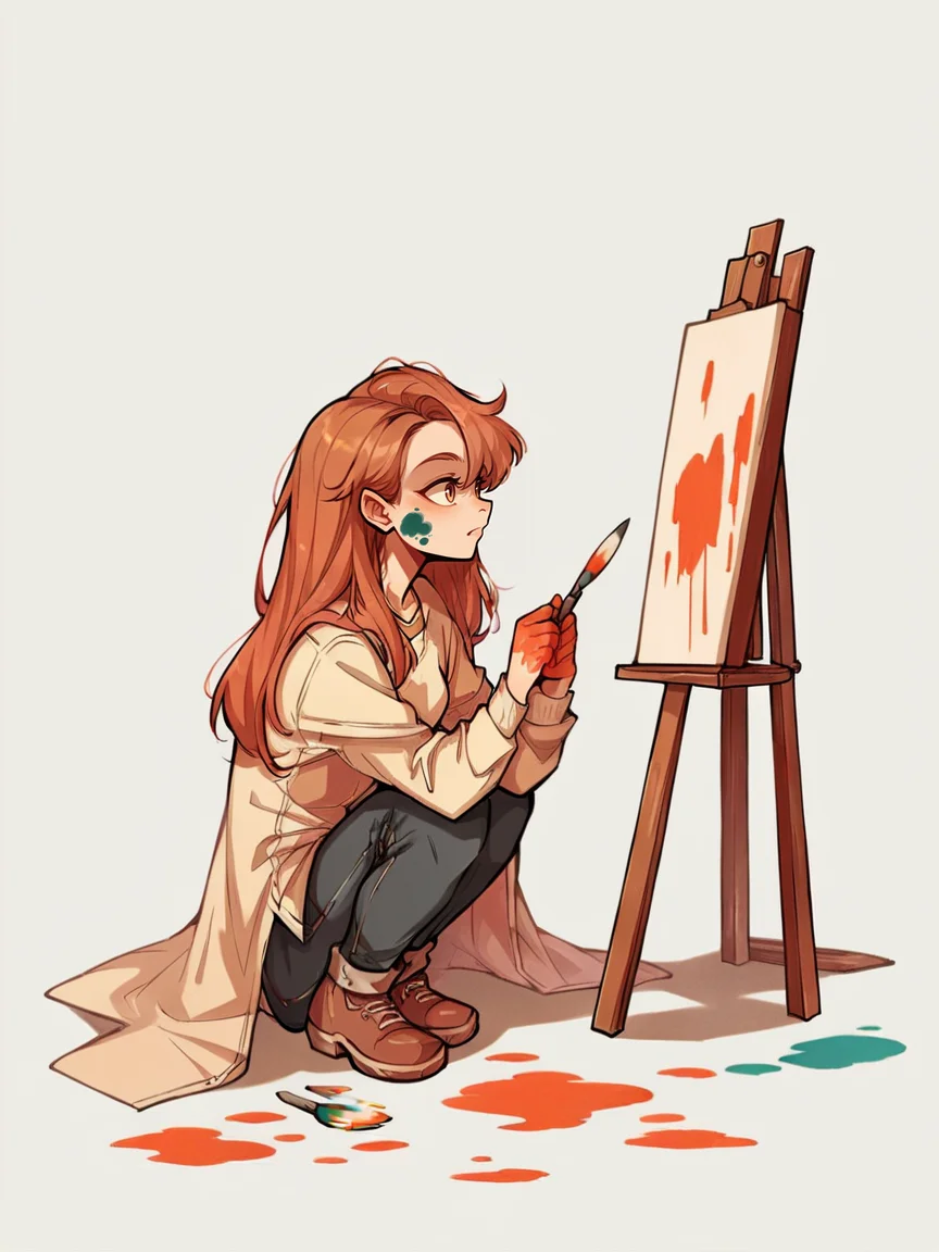 score_9, score_8_up, score_7_up, score_6_up, score_5_up, score_4_up, <lora:l414XLP3:0.8> l414, full body, 1girl, canvas, covered in paint, colorful, holding paint brush