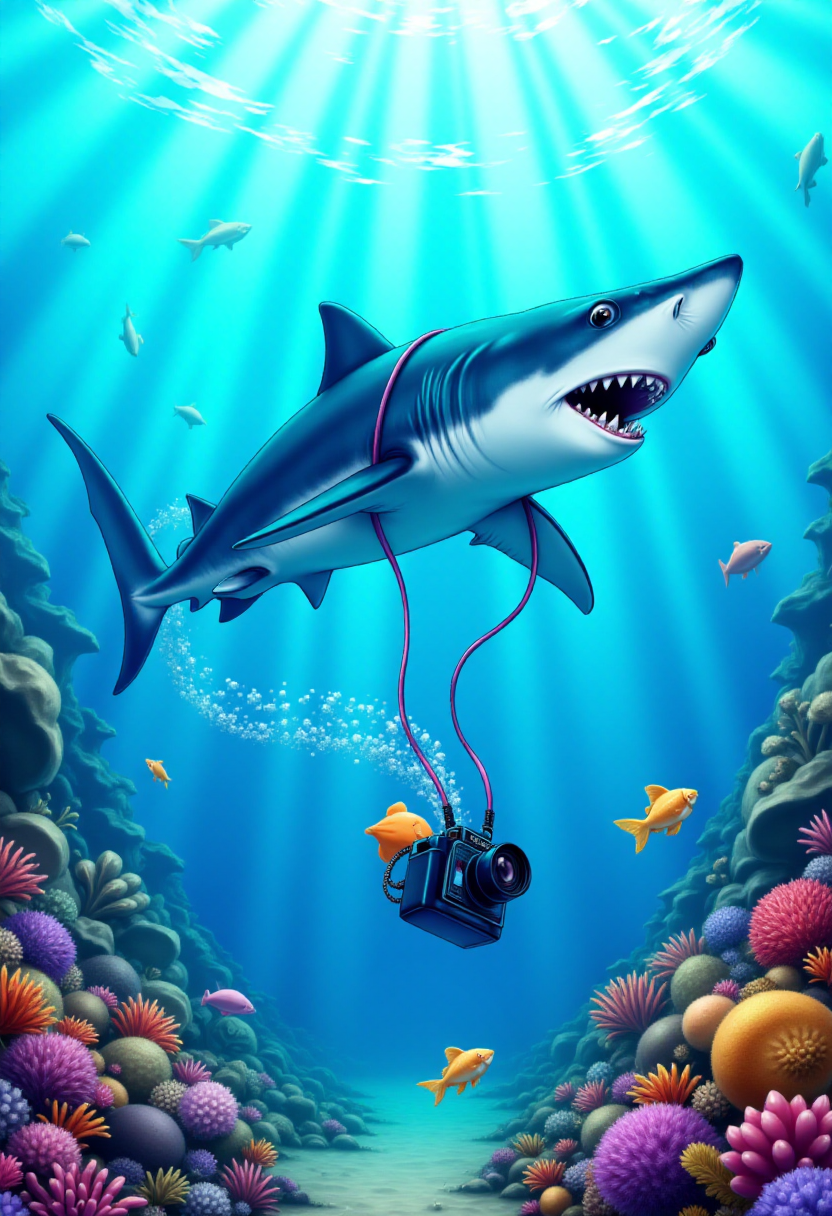 <lora:KFT_Curse_of_Dragons_Crown_Style_FLUX:1>
The image is a vibrant, digitally created kftfantasy illustration featuring   A shark diving with an underwater camera in a coral reef.