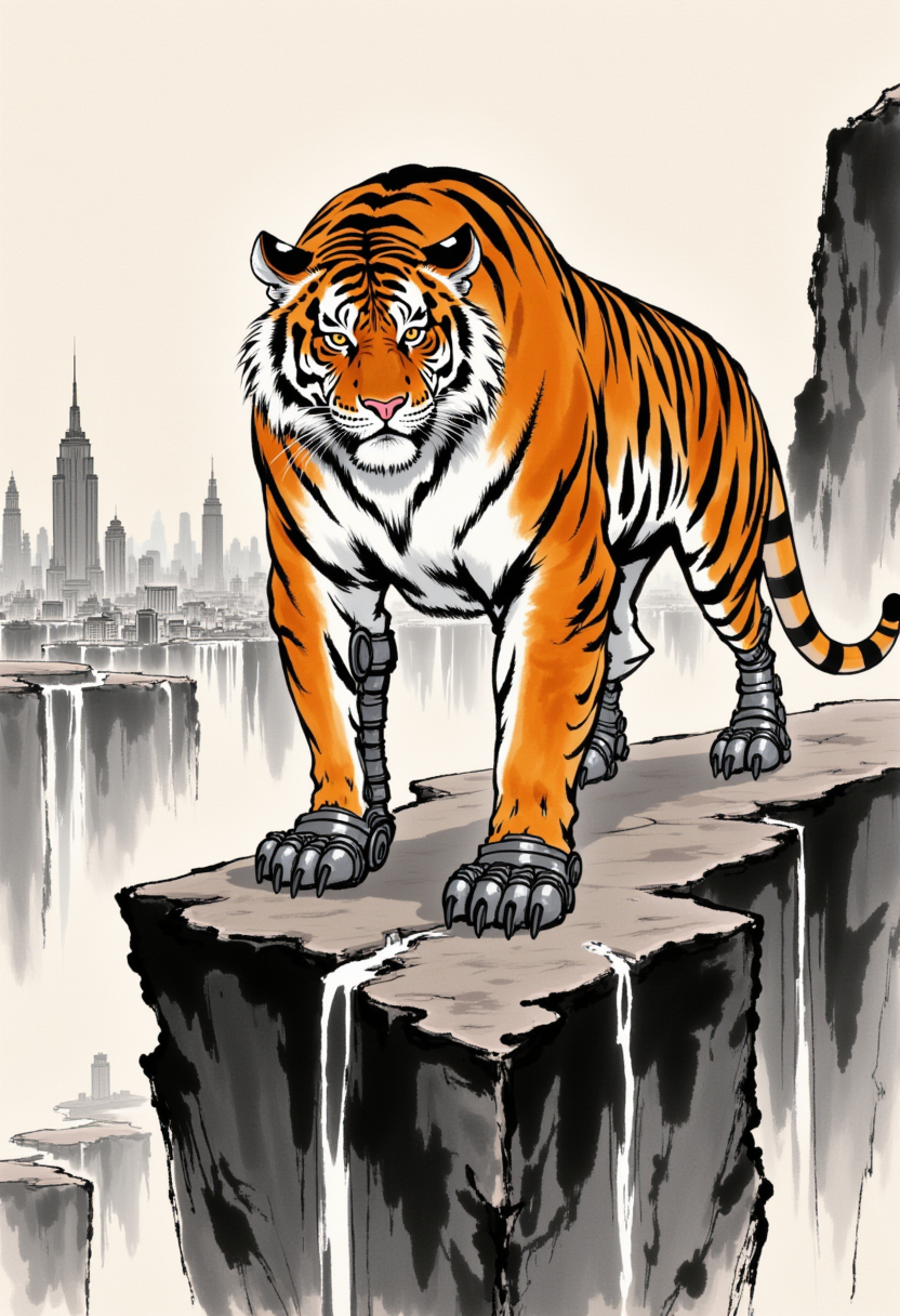 An image in style of ink wash painting, featuring a majestic, muscular tiger with metallic robotic legs standing on a rocky cliff. Behind, a cityscape with towering skyscrapers and cascading waterfalls. The tiger's intense gaze and powerful posture exude strength and mystery. <lora:Shuimozhuangshi_Ink_wash_painting_style_v2.5:1>