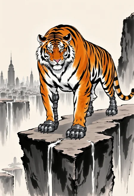 An image in style of ink wash painting, featuring a majestic, muscular tiger with metallic robotic legs standing on a rocky cliff. Behind, a cityscape with towering skyscrapers and cascading waterfalls. The tiger's intense gaze and powerful posture exude strength and mystery. <lora:Shuimozhuangshi_Ink_wash_painting_style_v2.5:1>