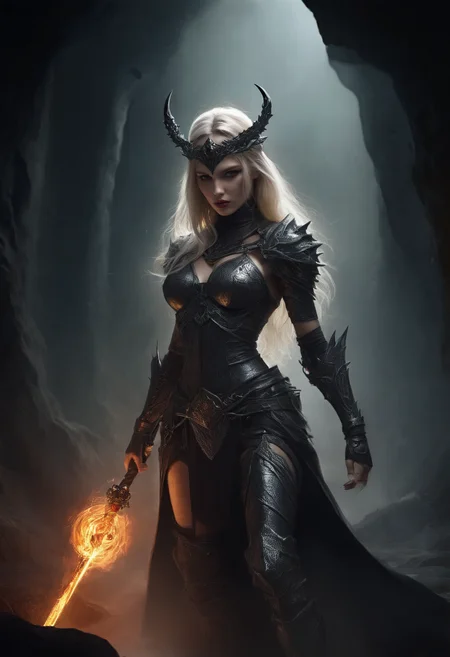 A dark fantasy artwork depicting a cthonic conjurer emanating infernal aesthetics. She is gripping a molten staff in a poised stance. The arcane rod's head is embedded with an ashen-gray crystal that pulses with arcane energy, acting as a conduit for spellcasting. Her skinny body is shielded by a fiery ribcage-chainmail with a reflective appearance, featuring spikes on the faulds, alongside blackened cracks giving off a magmatic glow. Chains of glowing obsidian wrap tightly around her small waist, adorned with burning charms. Cuts and scratch-marks on the armor's surface tell a story of challenges overcome and foes vanquished. An infernal knight's helmet with an imposing appearance and a narrow slit visor adorns her head, messy blonde hair visible beneath. Taking place inside of the abyssal depths of a burning cavern with shadows moving across the walls, revealing glimpses of bizarre formations and hidden alcoves. A feeling of dread is lingering in the scene. The artwork's style is harshly lit, using a dark background, desaturated elements as well as ominous silhouettes. The color scheme is defined by black and gold tones.