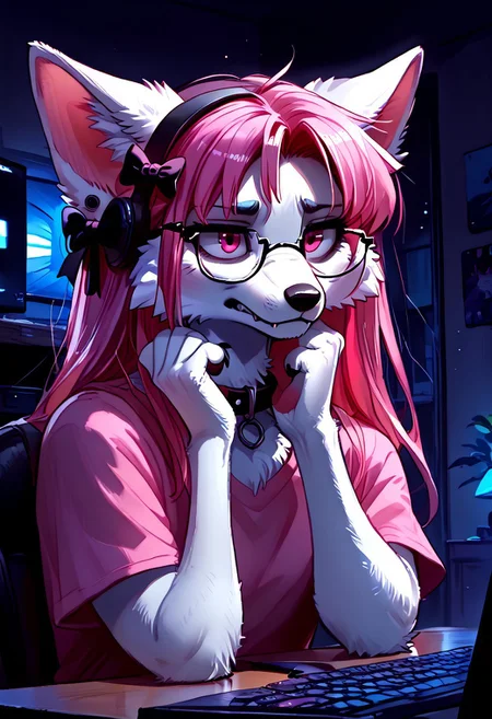 score_9, score_8_up, score_7_up, easynegative, realistic style, detailed face, solo, anthro, furry, Expressiveh, masterpiece, raw quality, best quality, extremely detailed, stunning beautiful, high definition, HD, cute, girl, BREAK Keiko, 1girl, solo, furry female, animal ears, tail, collar, multicolored hair, spikes, long hair, ear piercing, wolf ears, hair bow, glasses, body fur, white fur, pink fur, two tone fur, pink hair, pink eyes, wolf tail,
jaded, jaded expression, tired, half closed eyes, closed mouth, small black cloud sketched above her head, bags under eyes,
inside, indoors, bedroom, Desk, Chair, Keyboard, Mouse (PC), RGB, Gamer, Neon. Laptop, HDA_pet_play,
night time, in the dark, fca_style, Low-key lighting, light coming from the screen,
