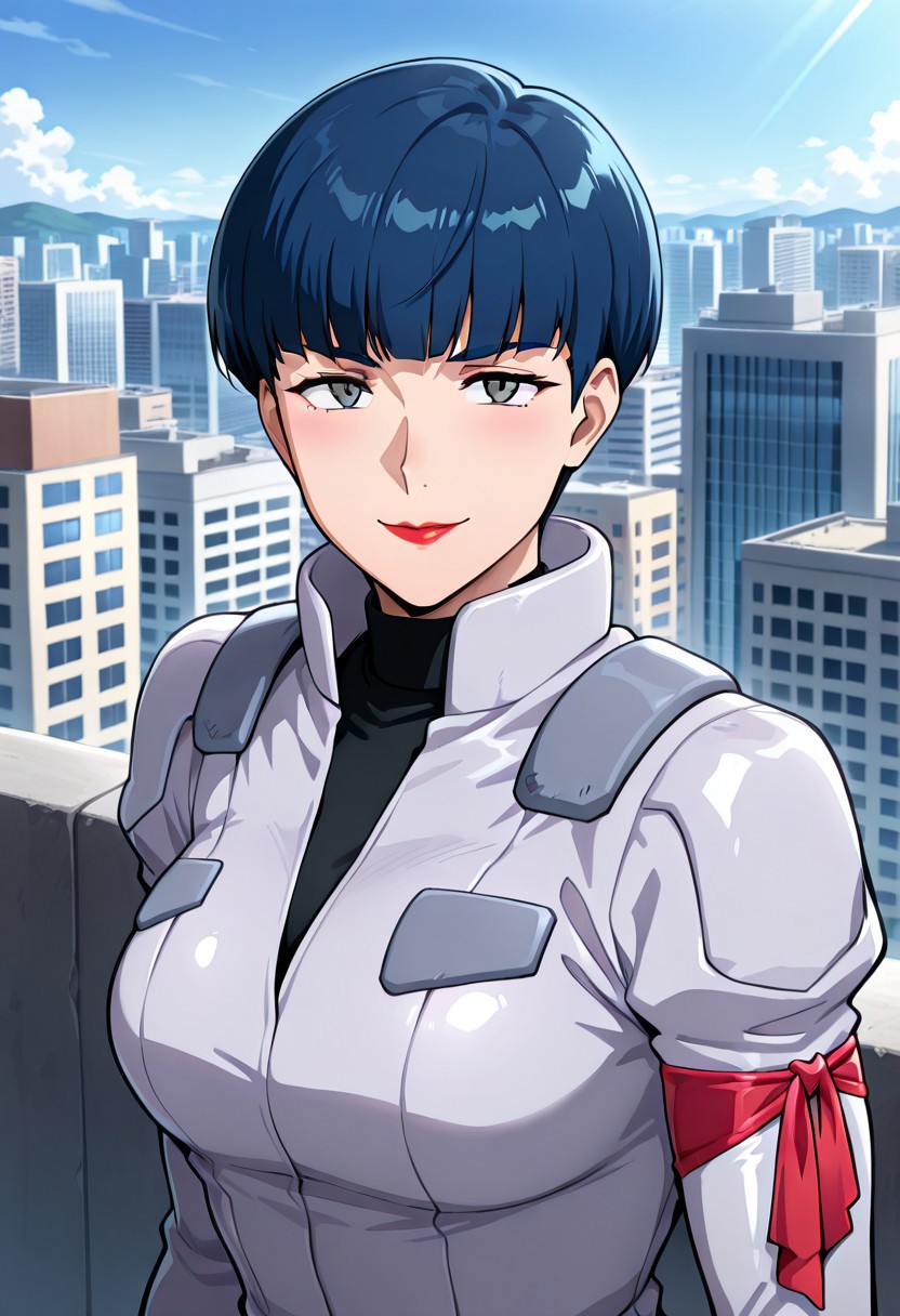 ((masterpiece, absurdres)), best quality, amazing quality, newest, 4k, anime coloring, very aesthetic, ray tracing, Smooth Quality, CG,city view,Miliera,1 mature female, blue hair, bowl haircut, grey eyes, red lips, pilotsuit, turtleneck t-shirt, arm ribbon,gloves ,upper body smile