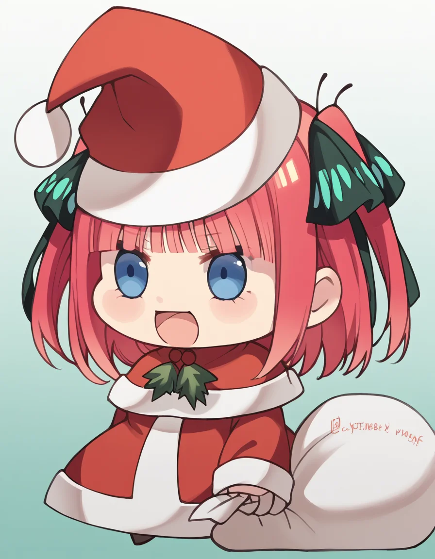score_9, score_8_up, score_7_up, source_anime, <lora:nnakano-s2-ponyxl-lora-nochekaiser:1>, short hair, bangs, blue eyes, hair ornament, hair ribbon, pink hair, blunt bangs, two side up, butterfly hair ornament, large breasts,, <lora:padoru-ponyxl-lora-nochekaiser:1>, padoru, padoru (meme), holding sack, sack, santa hat, meme, christmas, open mouth, chibi, red capelet, santa dress, capelet, fur-trimmed headwear,, ,