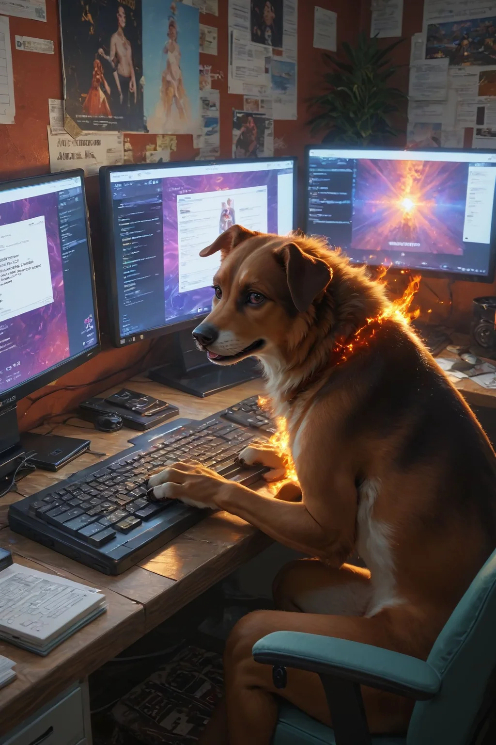 looking at viewer,detailed background,Cinematic Lighting,film grain,score_9,score_8_up,score_7_up,masterpiece,best quality,highly detailed,
<lora:(增强)sdxl_lightning_8step_lora:1>,<lora:glowneon_xl_v1:1>,glowing,<lora:Expressive_H:0.8>,Expressiveh,<lora:th3rm4lXLP:0.4>,th3rm4l,colorful,
realistic,computer,no humans,keyboard (computer),monitor,english text,dog,fire,speech bubble,animal,indoors,keyboard \(computer\),