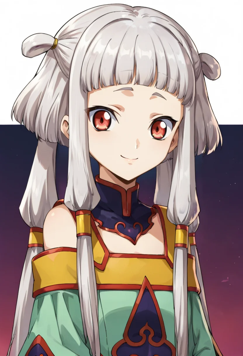 score_9,score_8_up,score_7_up,anime coloring BREAK source_anime,anime,<lora:Tianzi_Code_Geass_Pony:0.8>,tianzi,1girl,solo,long hair,red eyes,bangs,grey hair,sidelocks,blunt bangs,hair tubes,twintails,bare shoulders,purple dress,smile,multicolored background,looking at viewer,portrait,upper body,looking at viewer,