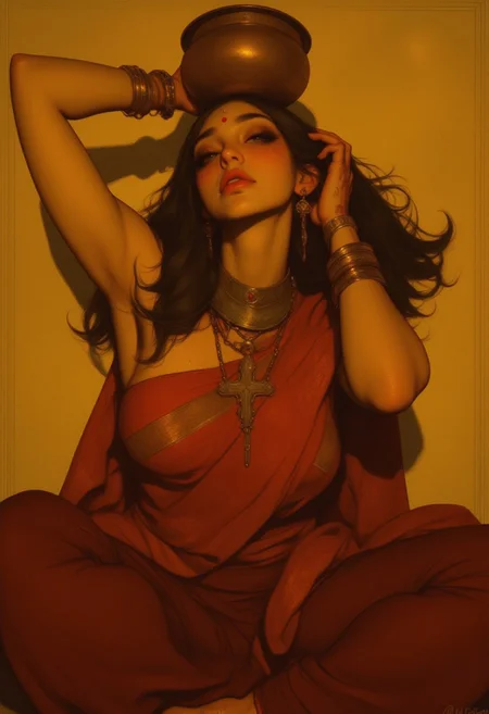The golden sunlight casts a warm glow on the tribal Indian woman’s upper body, emphasizing the sun-kissed tone of her skin. Her toned arms are positioned gracefully—one hand lightly touching the brass pot balanced atop her head, the other resting near her collarbone. Her slender fingers, adorned with henna patterns, add an intricate touch. Her dark, wavy hair cascades over her shoulders, intertwined with small tribal beads. Her facial features are striking, with high cheekbones, a defined jawline, and full lips painted in an earthy red hue. Her deep, expressive eyes, lined with kohl, gaze into the distance with quiet strength. A small red bindi sits between her arched brows. She wears a red saree draped smoothly over her shoulder, its fabric flowing like liquid fire, with fine tribal patterns woven into the cloth. Stacks of gold bangles encircle her wrists, clinking softly with every slight movement. A choker necklace of metal and beads rests against her collarbone, while a delicate nose ring glints in the sunlight. The brass pot on her head gleams, its reflective surface mirroring the warm hues around her. Shadows and highlights sculpt the folds of her saree and the curves of her form, enhancing the depth of the scene. The background is softly blurred, focusing attention on her elegant and timeless presence.