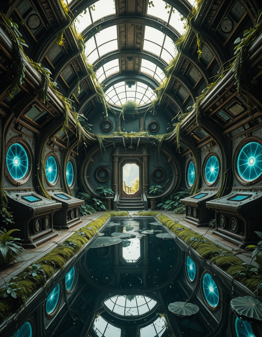 The interior of an ancient abandoned spaceship, overtaken by lush vegetation. The walls and ceiling are covered in thick, twisting vines and moss. Strange alien plants glow faintly in shades of blue and green, casting an eerie, mystical light across the metallic surfaces. Rusted control panels and shattered glass windows hint at a long-forgotten past. The floor is cracked and partially flooded with still, reflective water. Patches of bioluminescent fungi cling to the corners, adding a surreal atmosphere. The air feels heavy with moisture, and beams of soft, diffused light filter through holes in the hull, creating dramatic shafts of light and shadow. The overall style is hyper-realistic, rich in textures, with a cinematic and slightly melancholic mood.<lora:SDXLFaeTastic2400:0.4> <lora:extremely_detailed:0.4> extremely detailed,ancient abandoned sp4c3sh1p, <lora:ancient_abandoned_sp4c3sh1p-i:1>, Masterpiece,best quality,hi res,8k,hi res,8k,award winning,(sharp focus, intricate, highly detailed),