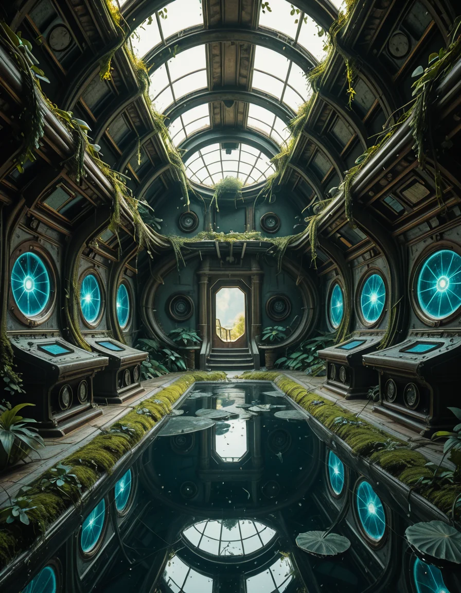 The interior of an ancient abandoned spaceship, overtaken by lush vegetation. The walls and ceiling are covered in thick, twisting vines and moss. Strange alien plants glow faintly in shades of blue and green, casting an eerie, mystical light across the metallic surfaces. Rusted control panels and shattered glass windows hint at a long-forgotten past. The floor is cracked and partially flooded with still, reflective water. Patches of bioluminescent fungi cling to the corners, adding a surreal atmosphere. The air feels heavy with moisture, and beams of soft, diffused light filter through holes in the hull, creating dramatic shafts of light and shadow. The overall style is hyper-realistic, rich in textures, with a cinematic and slightly melancholic mood.<lora:SDXLFaeTastic2400:0.4> <lora:extremely_detailed:0.4> extremely detailed,ancient abandoned sp4c3sh1p, <lora:ancient_abandoned_sp4c3sh1p-i:1>, Masterpiece,best quality,hi res,8k,hi res,8k,award winning,(sharp focus, intricate, highly detailed),