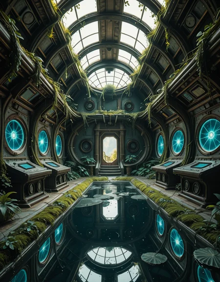 The interior of an ancient abandoned spaceship, overtaken by lush vegetation. The walls and ceiling are covered in thick, twisting vines and moss. Strange alien plants glow faintly in shades of blue and green, casting an eerie, mystical light across the metallic surfaces. Rusted control panels and shattered glass windows hint at a long-forgotten past. The floor is cracked and partially flooded with still, reflective water. Patches of bioluminescent fungi cling to the corners, adding a surreal atmosphere. The air feels heavy with moisture, and beams of soft, diffused light filter through holes in the hull, creating dramatic shafts of light and shadow. The overall style is hyper-realistic, rich in textures, with a cinematic and slightly melancholic mood.<lora:SDXLFaeTastic2400:0.4> <lora:extremely_detailed:0.4> extremely detailed,ancient abandoned sp4c3sh1p, <lora:ancient_abandoned_sp4c3sh1p-i:1>, Masterpiece,best quality,hi res,8k,hi res,8k,award winning,(sharp focus, intricate, highly detailed),