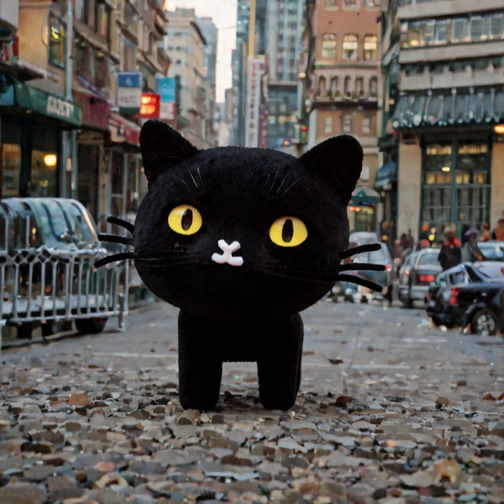 score_9, score_8_up, score_7_up, 8k, hd, photo, neutral expression, realistic, live-action, mio_pucca, yellow eyes, yellow sclera, cat, solo, 1boy, :3, standing, city