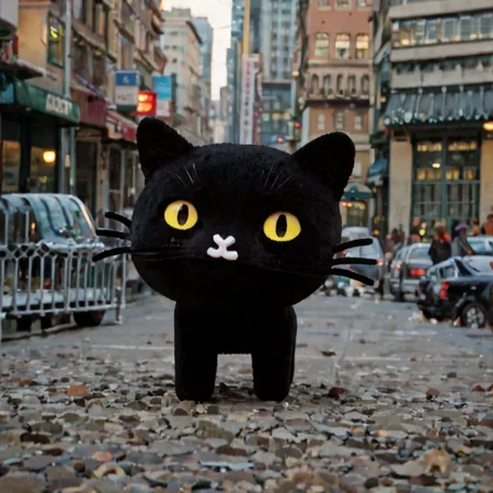score_9, score_8_up, score_7_up, 8k, hd, photo, neutral expression, realistic, live-action, mio_pucca, yellow eyes, yellow sclera, cat, solo, 1boy, :3, standing, city