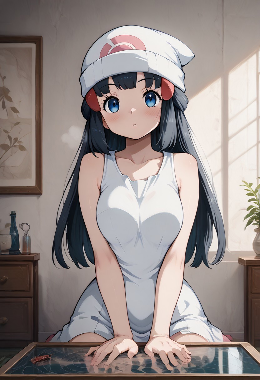 patDawn, dawn (pokemon), black hair, blue eyes, sidelocks, long hair,beanie, white headwear, detailed face, detailed eyes, 
modernlivingroom, minimalist, colorful pillows, white sofa, glass coffee table, abstract painting, warm sunlight, cozy atmosphere 
 , detailed background, great lighting, 
masterpiece, best quality, newest, absurdres, highres, high quality, highly detailed