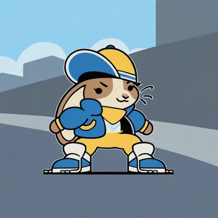 masterpiece,best quality,amazing quality,good quality,absurdres,outline,solo,1girl,peeb,lagomorph,furry female,short stack,two tone body,brown body,rabbit ears,ears down,dot eyes,black eyes,whiskers,blue and yellow headwear,yellow scarf,blue jacket,white shirt,yellow pants,blue footwear,:3,v-shaped eyebrows,fighting stance,facing viewer,looking at viewer,full body,outdoors,street,day