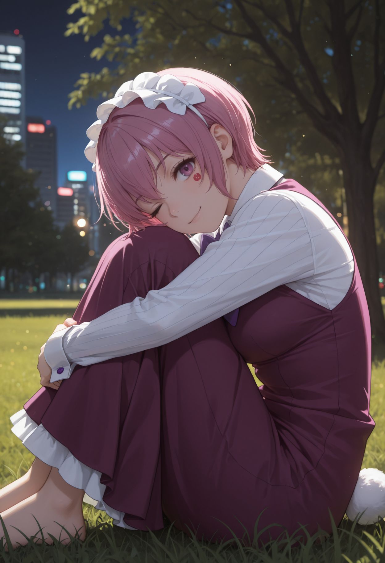 masterpiece,best quality,absurdres,highres,very aesthetic,high quality,detailed,insanely detailed,beautiful,perfect lighting, ,depth of field,blurry background,bokeh
sitting, grass, hugging own legs, looking at viewer, from side, tree, field, city, wink, hand on hip,1girl, short hair, pink hair, purple eyes, maid headdress, purple dress, bowtie, white shirt, long sleeves, shirt, facial mark , 
<lora:Sakuragi Naruha Illu :1> 1girl, short hair, pink hair, purple eyes, maid headdress, purple dress, bowtie, white shirt, long sleeves, rabbit tail, white shirt,