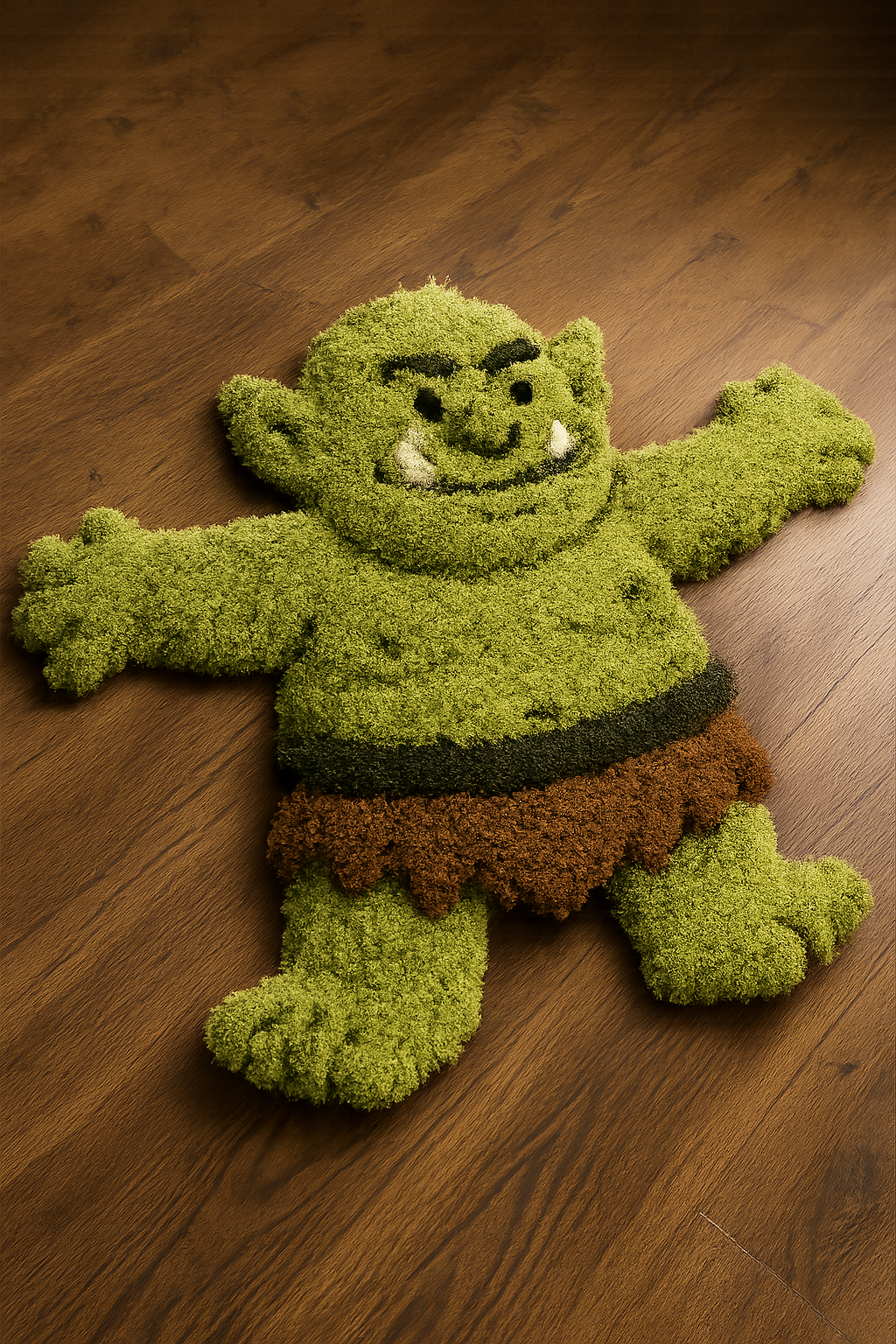 a fluffy carpet that represent a friendly green orc  in a T-pose, dynamic view