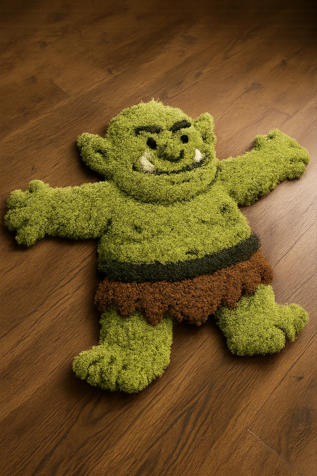 a fluffy carpet that represent a friendly green orc in a T-pose, dynamic view