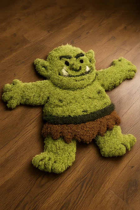 a fluffy carpet that represent a friendly green orc  in a T-pose, dynamic view