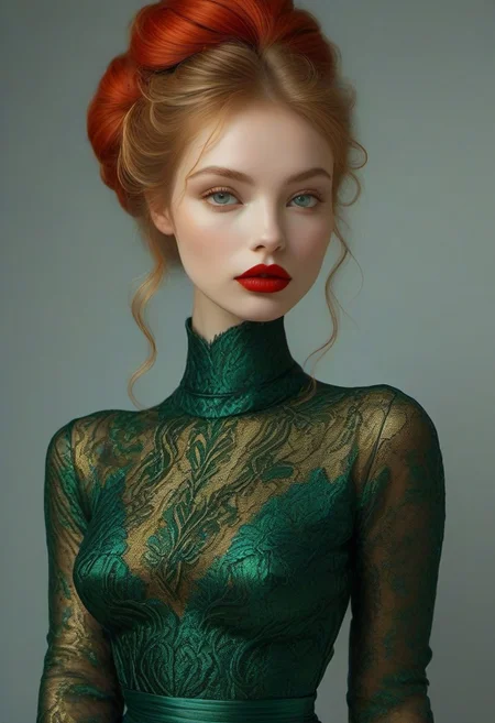 bellissima, 30 years old female as goddess of fire (slender, athletic), skin tight Green-red intricate brocade gown with a deep cleavage, golden bangles,loose golden anklets, (high heels), looking at viewer, parted lips, blue eyes, ginger long bun hair, perfect white teeth, vibrant deep red lipstick, long black eyelashes, realistic, small nose, vibrant colors, erotic dynamic pose, full body view, RAW Photo, fashion magazine shot,