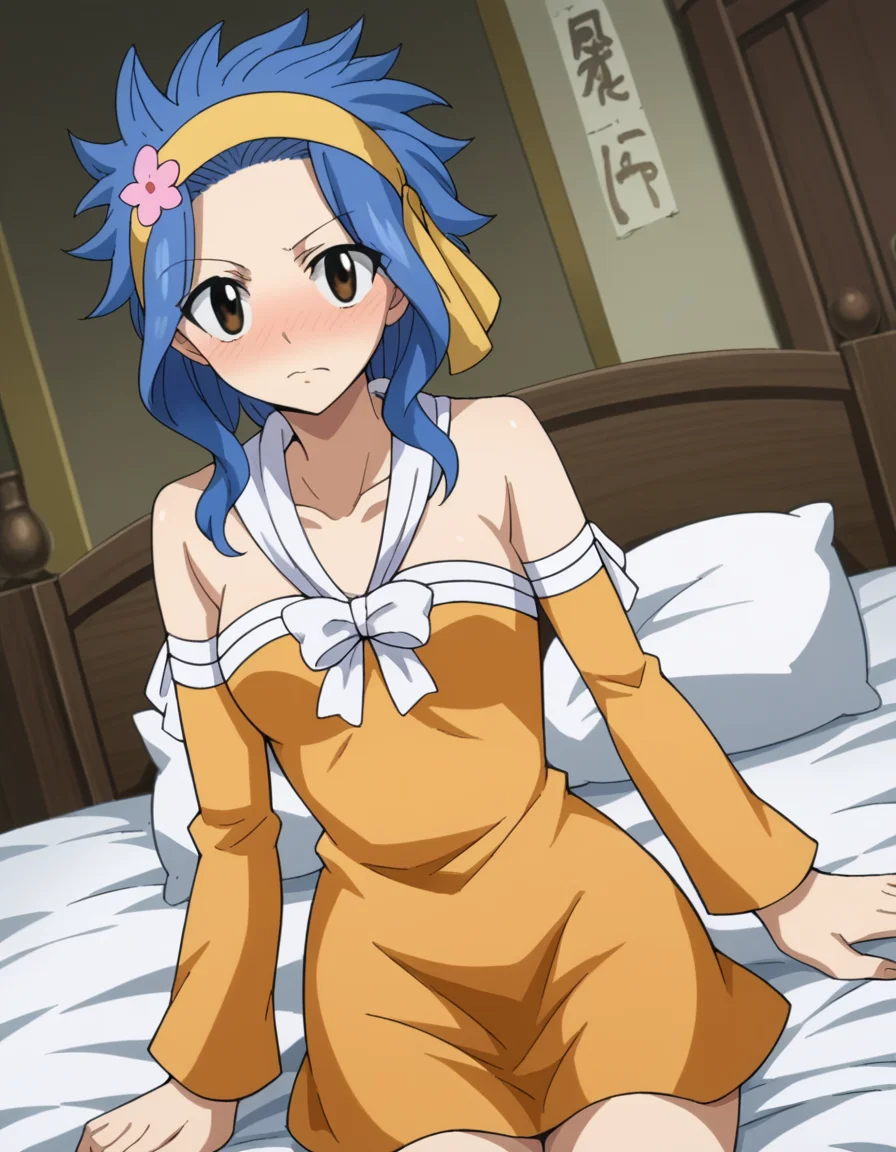score_9, score_8_up, score_7_up, source_anime,
levymcgarden, <lora:levy-mcgarden-s7-ponyxl-lora-nochekaiser:1>,
levy mcgarden, brown eyes, blue hair, short hair, sidelocks,
hair ornament, dress, bare shoulders, collarbone, flower, detached sleeves, hair flower, strapless, headband, short dress, strapless dress, orange dress,
indoors, bed, bed room, on side, blush, drunk,
looking at viewer, dutch angle, cowboy shot,