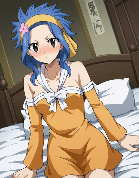 score_9, score_8_up, score_7_up, source_anime,
levymcgarden, <lora:levy-mcgarden-s7-ponyxl-lora-nochekaiser:1>,
levy mcgarden, brown eyes, blue hair, short hair, sidelocks,
hair ornament, dress, bare shoulders, collarbone, flower, detached sleeves, hair flower, strapless, headband, short dress, strapless dress, orange dress,
indoors, bed, bed room, on side, blush, drunk,
looking at viewer, dutch angle, cowboy shot,