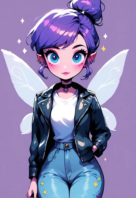 (score_9, score_8_up:1.1), score_7_up,
subsurface scattering, pastel,
purple theme background,glitter,sparkles,shiny,1girl, Live - action adaptation of a 3d character, 1girl, solo,
BREAK,
curvy,
TinkerWaifu, fairy wings, blue eyes, white shirt, denim jeans, sexy, hair bun, goth, leather jacket, choker,
wide hips, curvy,
BREAK,
charming face, smile, closed mouth, blushing, looking at viewer,