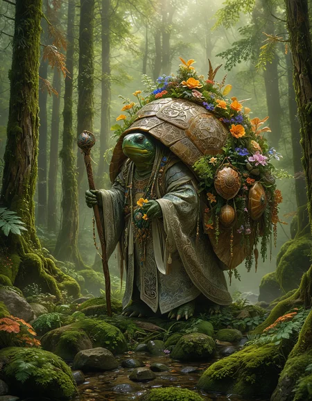 an anthropomorphic turtle with a large decorated shell, walking through a dense misty forest, the turtle is wearing a long flowing robe adorned with intricate patterns and holding a wooden staff, The shell is filled with various items including flowers and pouches, wandering sage, towering trees background, moss-covered rocks, soft ethereal light filtering through the forest canopy, a magical and serene atmosphere, <lora:MJ52:0.5>, <lora:SDXLFaeTastic2400:0.4>, <lora:detailed_notrigger:0.6>, <lora:zavy-cntrst-sdxl:0.7>