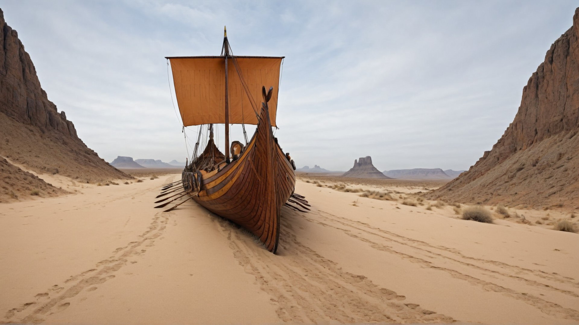 fisheye view of a Viking ship sailing in a desert landscape, autumn, simplified, intricate, crisp lines <lora:Viking_Ship:1>