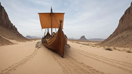 fisheye view of a Viking ship sailing in a desert landscape, autumn, simplified, intricate, crisp lines <lora:Viking_Ship:1>