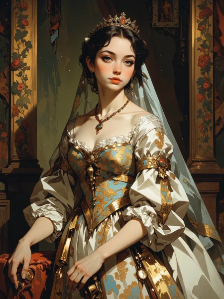 masterful court portrait painting of a stunning dutch princess in a late 18th century setting, she is wearing a luxurious gown with a tiara and veil, masterful use of light and shadow, rembrandt lighting, visible brushstrokes, sfumato, realistic, ultra-high-resolution, masterpiece, best quality, highest quality, highly detailed, intricate details, <lora:style-emberveil_digital_painting-flux-by_ridd:0.8> <lora:style-anime_art-variant_2-flux-by_adel_ai:0.52> <lora:style-anime_art-variant_3-flux-by_adel_ai:0.64>