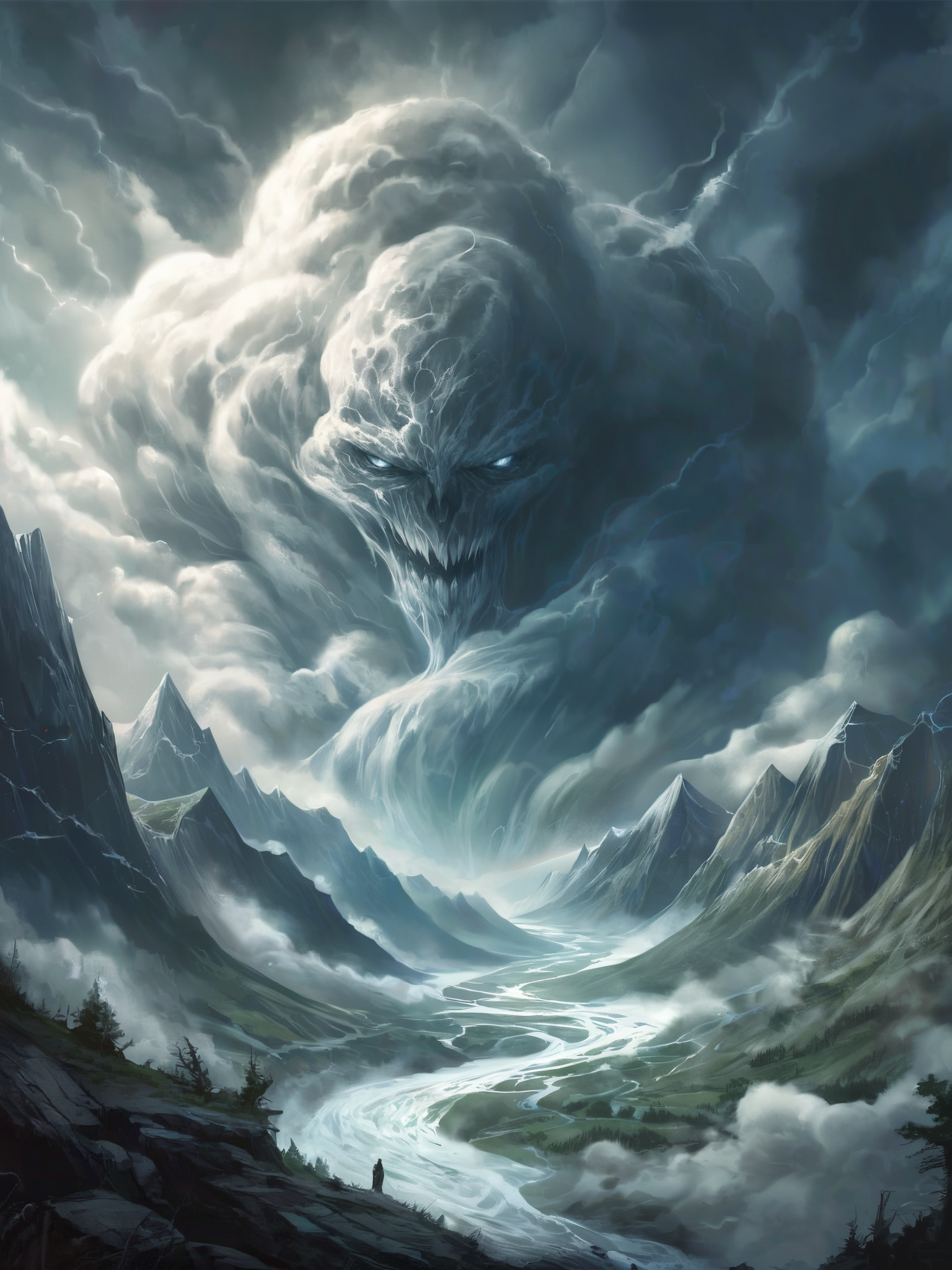 best quality, realistic, furious humanoid face as huge tornado between clouds, ethereal creature, valley, surrounded by mountains, magical place, <lora:PonyAirElementals:0.7>, <lora:add-detail-xl:0.5>