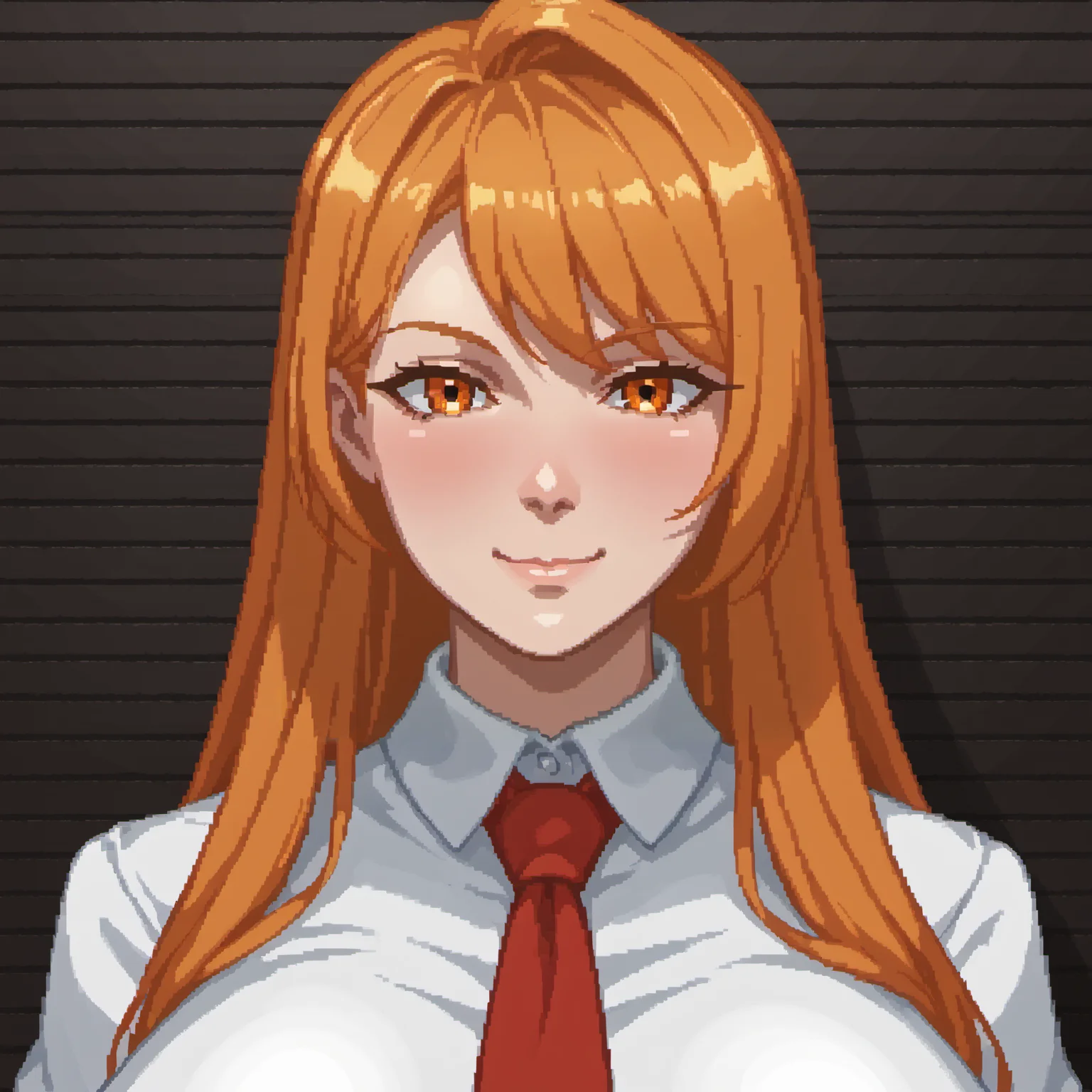 score_9, score_8_up, score_7_up, score_6_up, score_5_up, score_4_up, source_anime, masterpiece, best quality, 1girl, solo, papersplease, pixel art, portrait, simple background, white shirt, red necktie, huge breasts, orange hair, very long hair, bangs, orange eyes, looking at viewer, closed mouth, smile, blush, Perfect Hands, <lora:Perfect Hands:1>, <lora:StS_detail_slider_v1:4>,<lora:Papers_Please_style:1>, <lora:TasteOfChoklit_Art_StyleCharacters:0.5>, <lora:Style_GFF_Circle_Kuribayashi_Chris_artstyle_for_Pony_XL_v1.5:0.7>