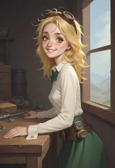 score_9, score_8_up, score_7_up, extremely detailed, sepia tone, old photograph, 1 girl, short, pale skin, cute face, green eyes, freckles, long blonde hair, messy hair, petite, small breasts, tool belt, steampunk goggles, leaning against table, in a workshop, amazed expression, smiling, from side, mgxt