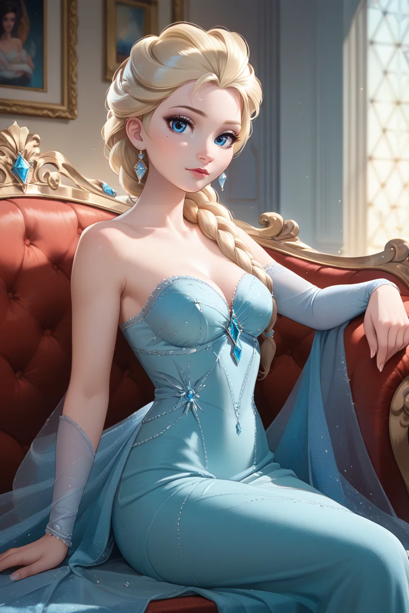 score_9, score_8_up, score_7_up,
<lora:DisneyElsa:0.8>
DisneyElsa, 1girl, blonde hair, blue eyes, braid, looking at viewer, reclining on a vintage chaise lounge, one arm draped over the back, elegant ballroom with crystal chandeliers, soft ambient lighting, luxurious and sophisticated setting