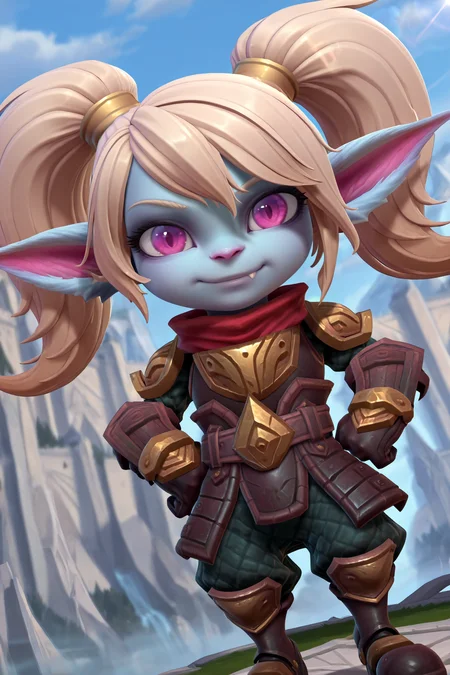 <lora:OMS_Poppy:1> 2d, anime screencap, 1girl, solo, oms_poppy, furry, yordle, big head, single fang, pink eyes, blue fur, pigtails, colored skin, pointy ears, animal ears, armor,
looking at viewer, serious, smile,
amazing quality,very aesthetic,absurdres,newest, BREAK depth of field, blurry background, dutch angle, dynamic angle, white outline, lens flare,
outdoors,
standing, hands on hips