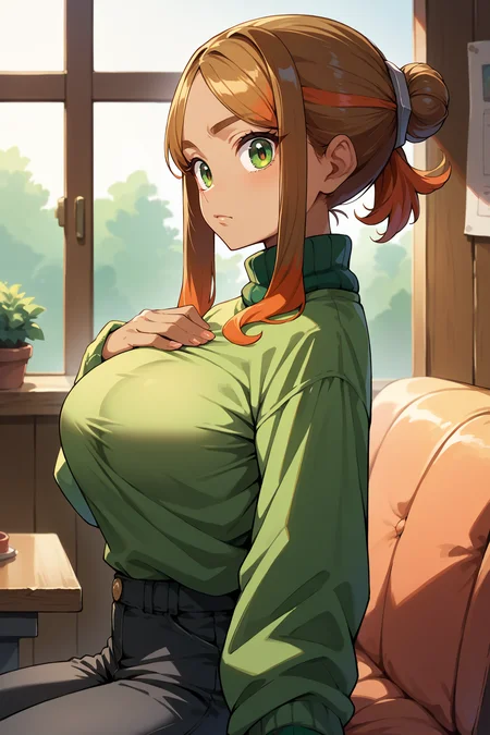 score_9, score_8_up, score_7_up, score_6_up, source_anime, 1girl, solo <lora:pkmnorla-pdxl-nvwls-v1-000005:1> orla, brown hair, orange hair, multicolored hair, single hair bun, parted bangs, tan, large breasts, green sweater, turtleneck, black pants, hand on own chest, from side, looking at you, indoors