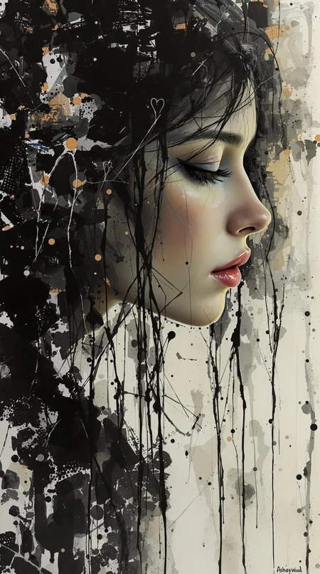 reedy art, , by Ashley Wood, young woman, deep meaningful context backgrounds, closeup, full body,