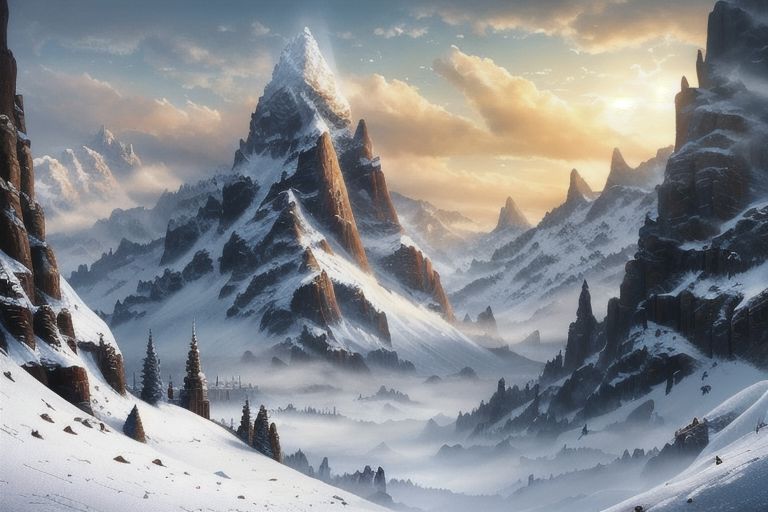 RAW photo, (masterpiece:1.3), subsurface scattering, heavy shadow, (high quality:1.4), (intricate, high detail:1.2), professional photography, HDR, High Dynamic Range, realistic, ultra realistic, photorealistic, high resolution, film photography, ambient lighting, atmospheric effects, <lora:detail_slider_v4:2>, OverallDetail, epic medieval fantasy, cloud, fanmou, fantasy, no humans, outdoors, sky, winter, <lora:Fantasy_Mountains:1>, epiCPhoto