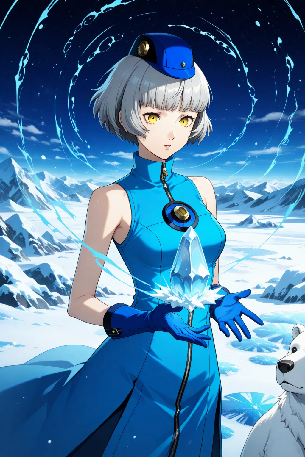 <lora:ponyv6_noobV1_2_adamW-000017:1>, source_anime, anime screencap, anime coloring, modern, modern anime, newest, , , curious expression , persona, persona_3, elizabeth_(persona), 1girl, bare_shoulders, blue_dress, blue_gloves, blue_hat, bob_cut, breasts, dress, gloves, grey_hair, hat, medium_breasts, short_hair, sleeveless, sleeveless_dress, yellow_eyes , with a friendly polar bear,Arctic,(ice and snow-covered landscape),beautiful Arctic scenery, breathtaking scenery, vibrant colors, swirling patterns,abstract forms,surreal,trippy
