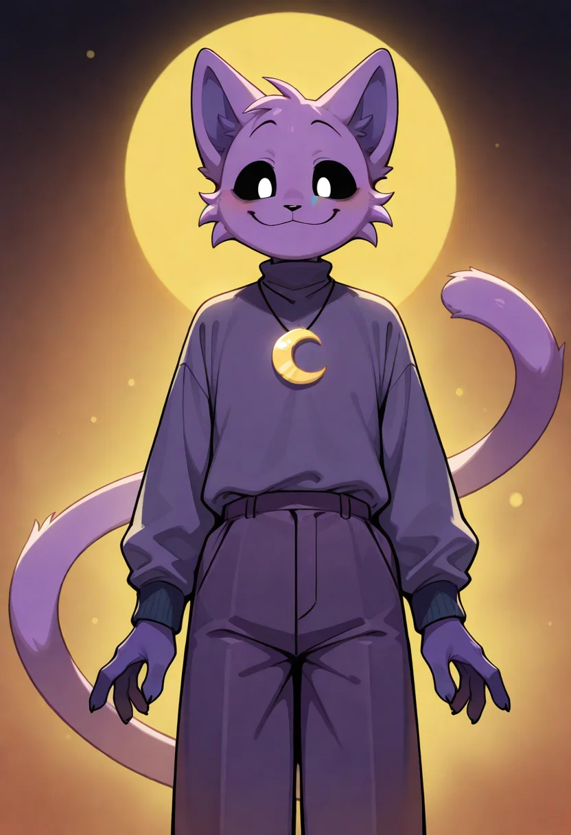 best quality, amazing quality, very aesthetic, absurdres, newest, catnap, poppy_playtime, yellow crescent necklace, solo, 1boy, furry, furry male, smile, male focus, long tail, <lora:CatNap_Poppy_Playtime_illustrious:1>