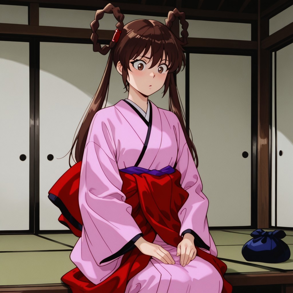 masterpiece, best quality, amazing quality,YohkoManoil, human, female, brown hair, hair rings, twintails, long hair, brown eyes, hair ornaments, pink kimono, red bow, blue pouch, inside, sitting