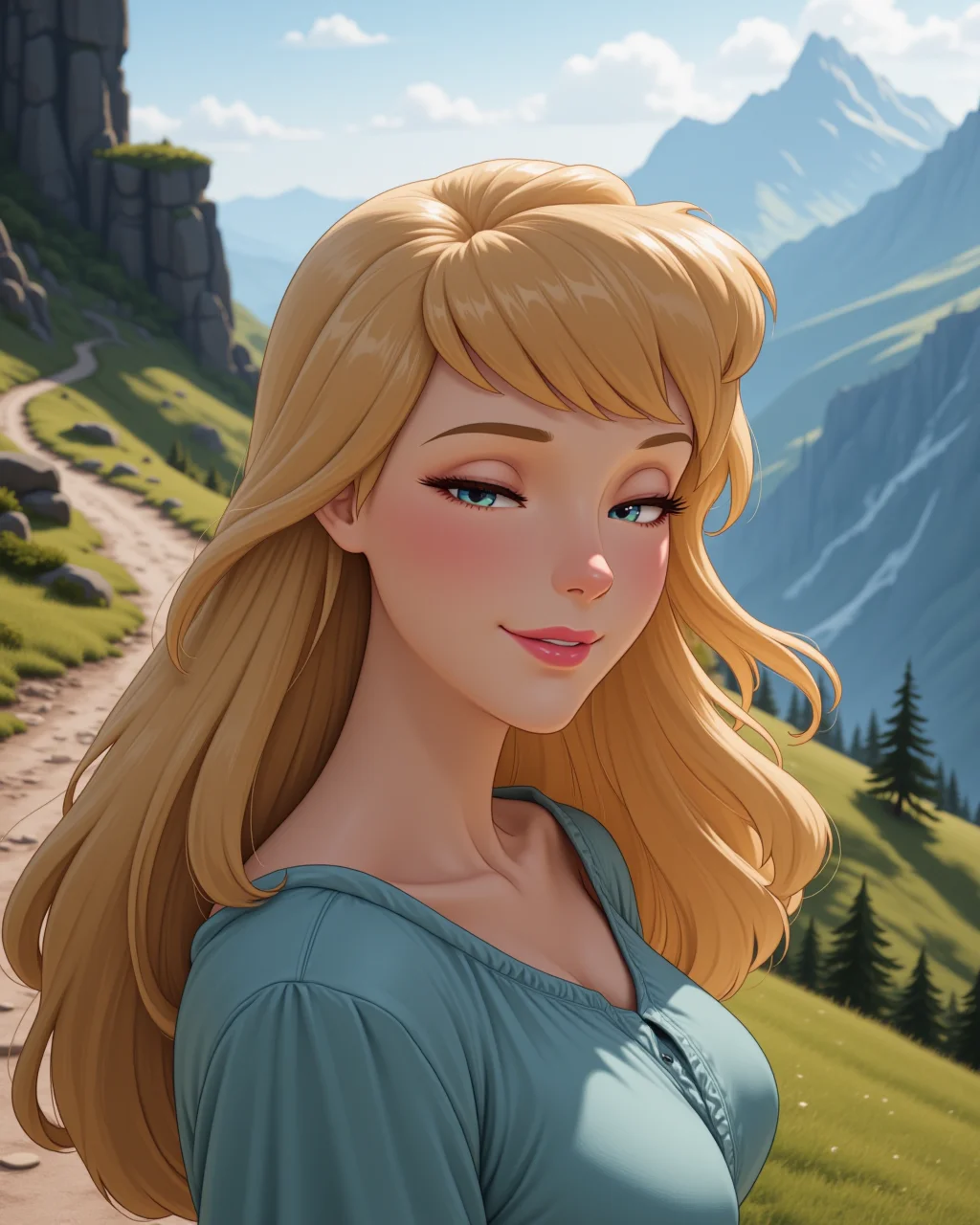 close-up, looking at viewer, outdoors daylight, Relieved with a soft exhale, eyes closing momentarily, and a gentle smile of comfort.
A woman walks along a winding mountain trail, the air thin and cool as the path leads her higher toward the summit, surrounded by rugged, untouched beauty. in a dynamic pose
<lora:Disney_-_Cinderella_v2-000030:1> d-cinderella a 20 year old adult woman with blonde hair with blue eyes. In her iconic outfit