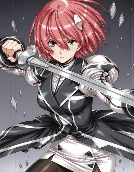 <lora:elessa-v2-illustrious-000080:1> elessa, hair ornament, juliet sleeves, coat, white skirt, miniskirt, pantyhose
1girl, solo, serious, incoming attack, holding sword, upper body
