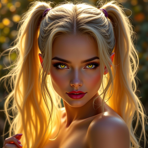 photorealistic digital artwork featuring a young woman with an ethereal, radiant glow, plump lips painted with a deep red lipstick. Her long, straight blonde hair cascading down her back. She wears a striking, piercing yellow, digital illustration in a dark, flowing strands. Her hair has a mix of dark blue and purple hues, with two prominent, voluminous blonde hair styled in a high ponytail