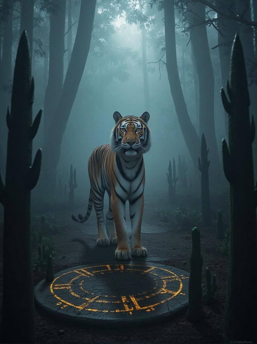 <lora:crumpjournalsketch-000011.safetensors:1>
Under the cold, silver glow of the moon, the forest transforms into a realm of shadows and whispers. The powerful Bengal tiger, with its legs wide apart and piercing yellow eyes, stands alert in the center of the scene. The thick mist that envelops the forest creates an otherworldly veil, masking the boundaries between the real and the surreal. The tiger's distinct black stripes and tan coat with white accents are illuminated by the eerie glow, casting elongated and distorted shadows that dance around it.
The mist curls around ancient stone slabs, each covered in strange, glowing runes that seem to pulse with an unknown energy. The plants, now more cacti and succulents, take on a menacing presence. Their shadows stretch and twist, creating a haunting atmosphere. Some of these plants appear to move subtly, as if they are alive, adding to the sense of unease.
The air is filled with the faint sound of whispering winds, as if the forest itself is communicating in an ancient, forgotten language. The warm light that might have once bathed this scene is now replaced by a cold, eerie glow, emphasizing the tiger's imposing size and intensity. The camera angle, at the tiger's eye level, only serves to heighten the sense of foreboding and mystery.