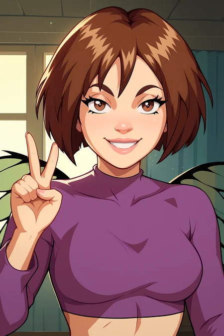 score_9, score_8_up, score_7_up, score_6_up, BREAK, WillVandomWITCHXL, brown eyes, brown hair, short hair, bob cut, hair beetwen eyes, medium breasts, wings, purple crop top, solo, long sleeves, front view, peace sign, (portrait, upper body), solo focus, seductive smile, looking at viewer, indoors <lora:WillVandomWITCHXL:1>