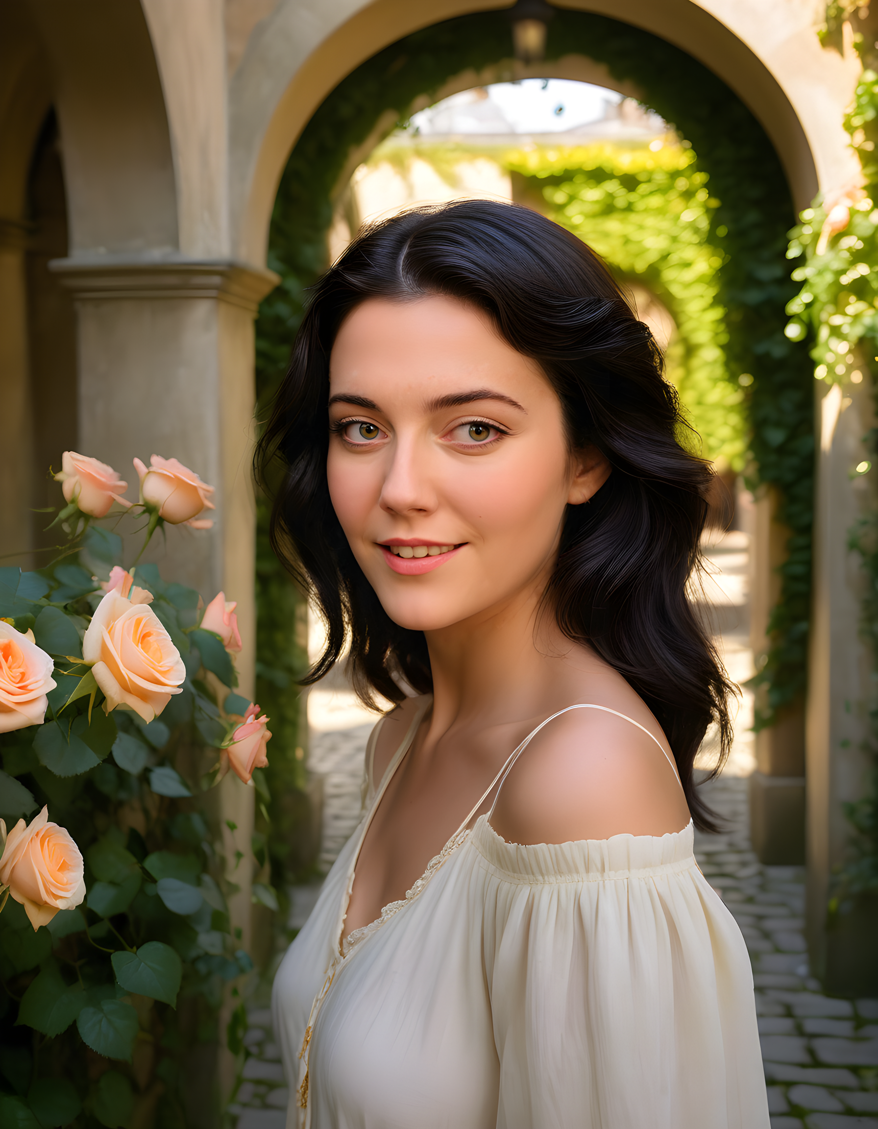 M4RY3W, In a vibrant, sun-drenched courtyard adorned with blooming roses and ivy-covered archways, Mary3w, a captivating woman with raven-black hair cascading down her shoulders, is captured in a striking portrait. Her mood is one of radiant joy as she gazes directly at the viewer, her expressive brown eyes sparkling with warmth. The camera angles from slightly below, highlighting her delicate features and emphasizing the parted lips that hint at a secret smile. A soft, golden light filters through the courtyard, casting dappled shadows on the cobblestone floor, while the background fades into a lush, verdant landscape, creating a sense of serenity and timeless beauty around this enchanting subject.
