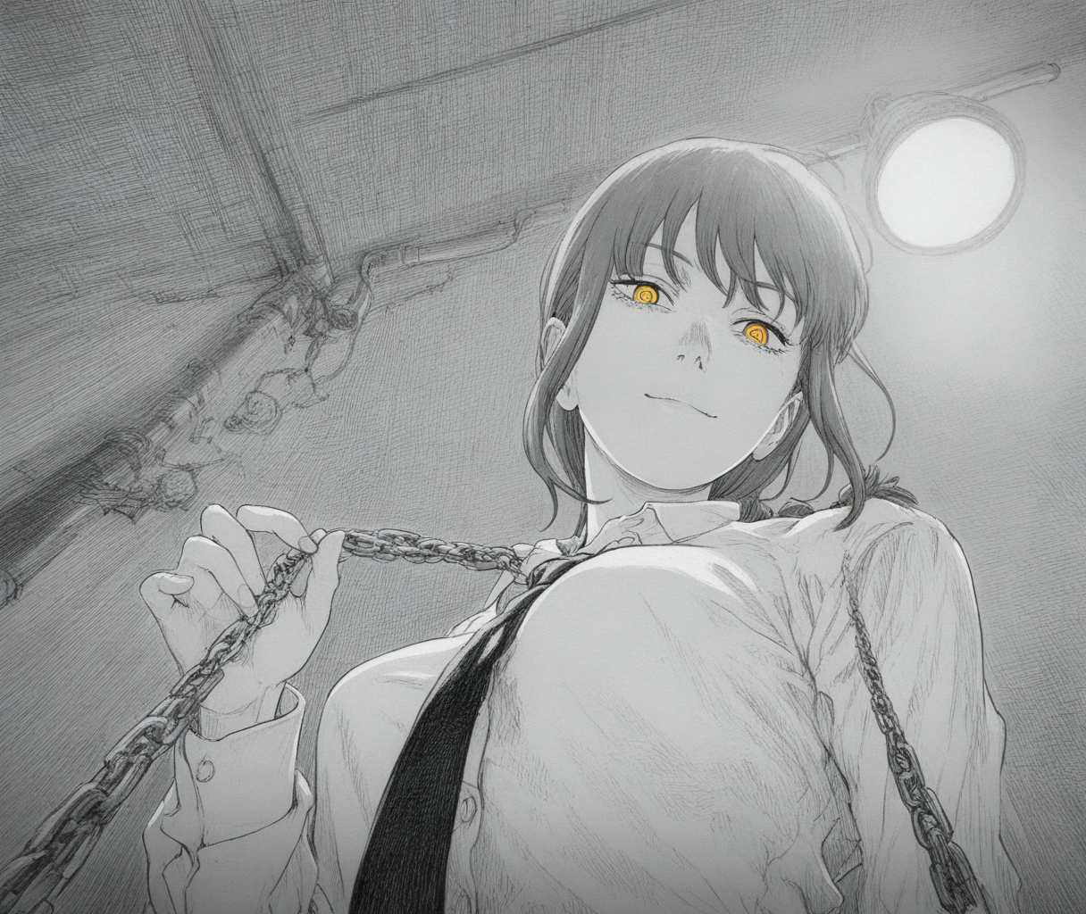 monochrome,greyscale,(traditional media:0.7),graphite \(medium\),hatching \(texture\),
(foreshortening:1.358),(grab the chain:1.4),pov,hand up,chain from viewer,low angle,
very awa,masterpiece,best quality,newest,highres,absurdres,street light,(Top light),
1girl,makima \(chainsaw man\),solo,shirt,looking at viewer,necktie,short hair,collared shirt,formal,bangs,white shirt,closed mouth,medium hair,serious,closed mouth,Posterize,red hair,braid,yellow eyes,evil smile,<lora:lookback-noob10-v2:0.8>,, <lora:RainEnhencer_ILL_PAseer-V1:1>