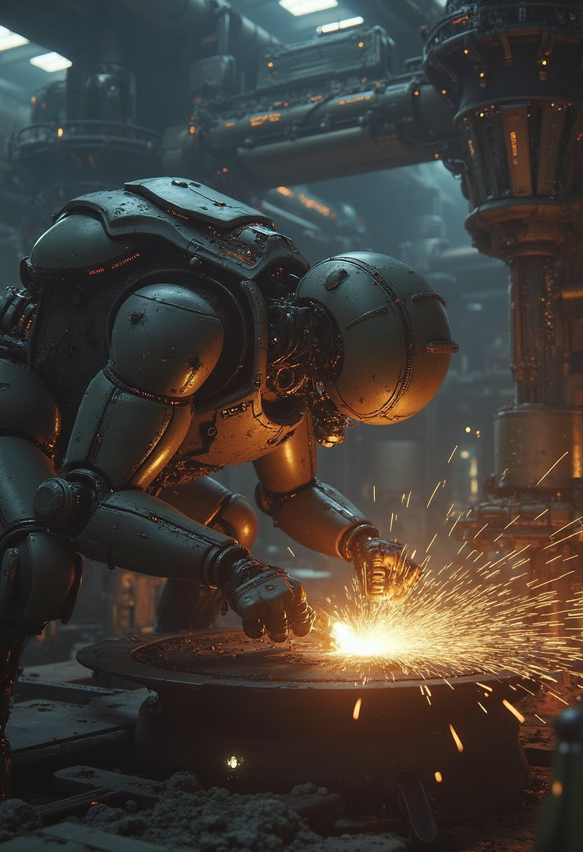 yfg-l3ms, YFG-L3ms teams of worker androids calibrating advanced machinery, sparks from welding arcs illuminating the dark recesses